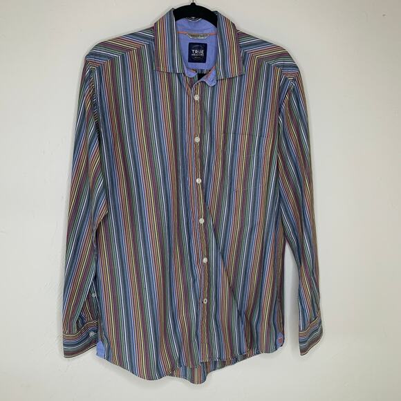 True Measure Striped Cotton Button Up Shirt Rainbow Sz Medium - Picture 1 of 7